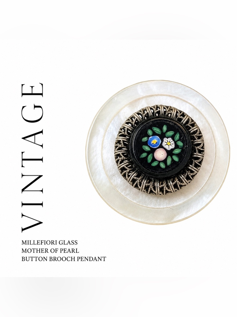 Vintage Millefiori Glass Mother of Pearl Button Brooch Pendant Floral Mosaic